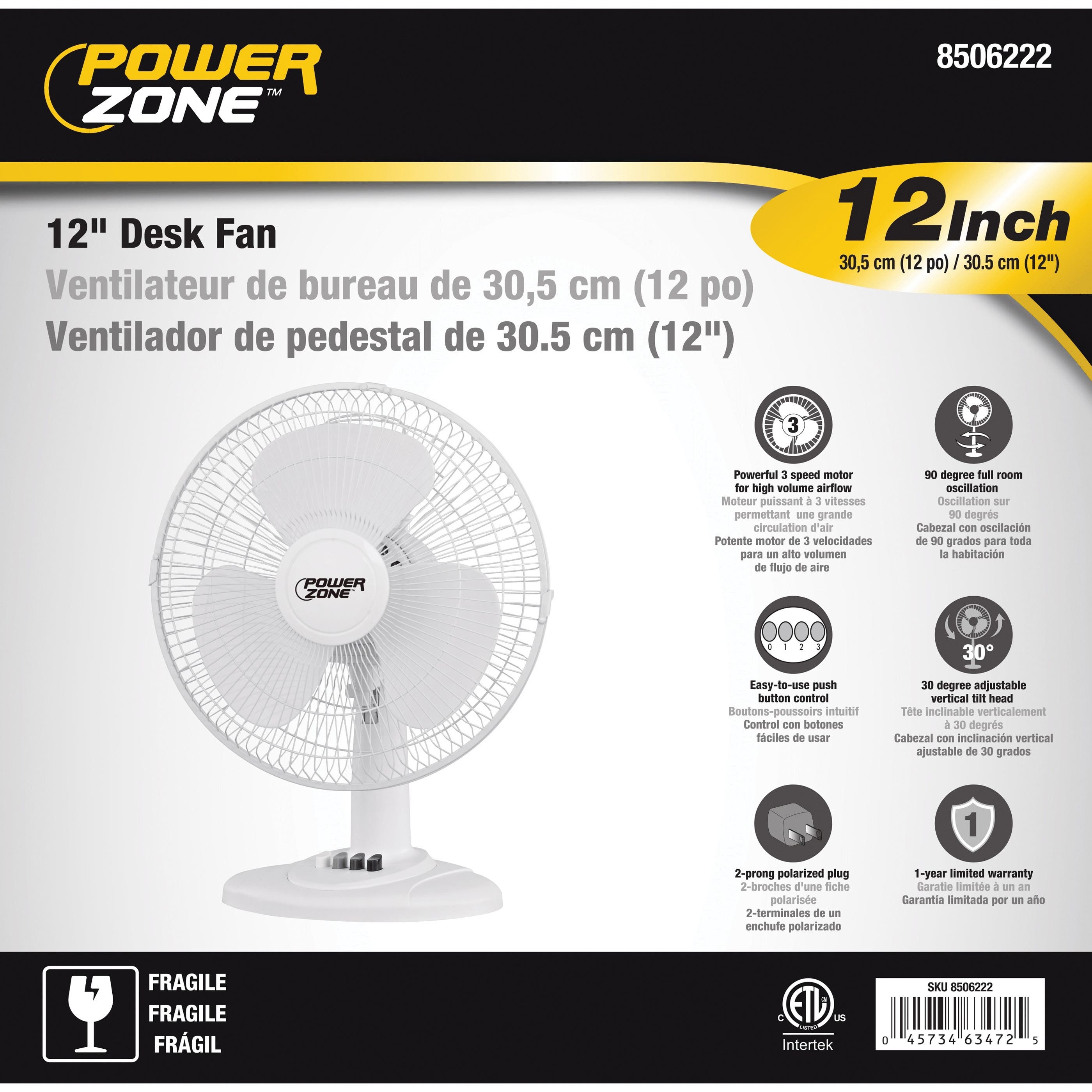 PowerZone FT-30 Oscillating Table Fan, 120 V, 12 in Dia Blade, 3-Blade, 3-Speed, 882 cfm Air, 72 in L Cord, White