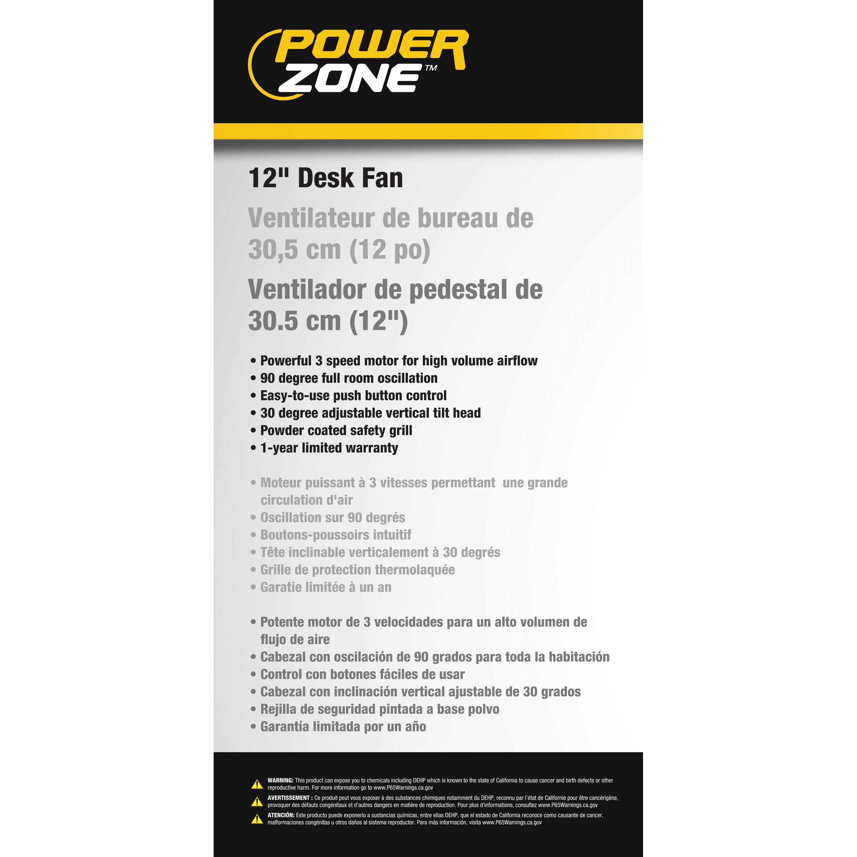 PowerZone FT-30 Oscillating Table Fan, 120 V, 12 in Dia Blade, 3-Blade, 3-Speed, 882 cfm Air, 72 in L Cord, White