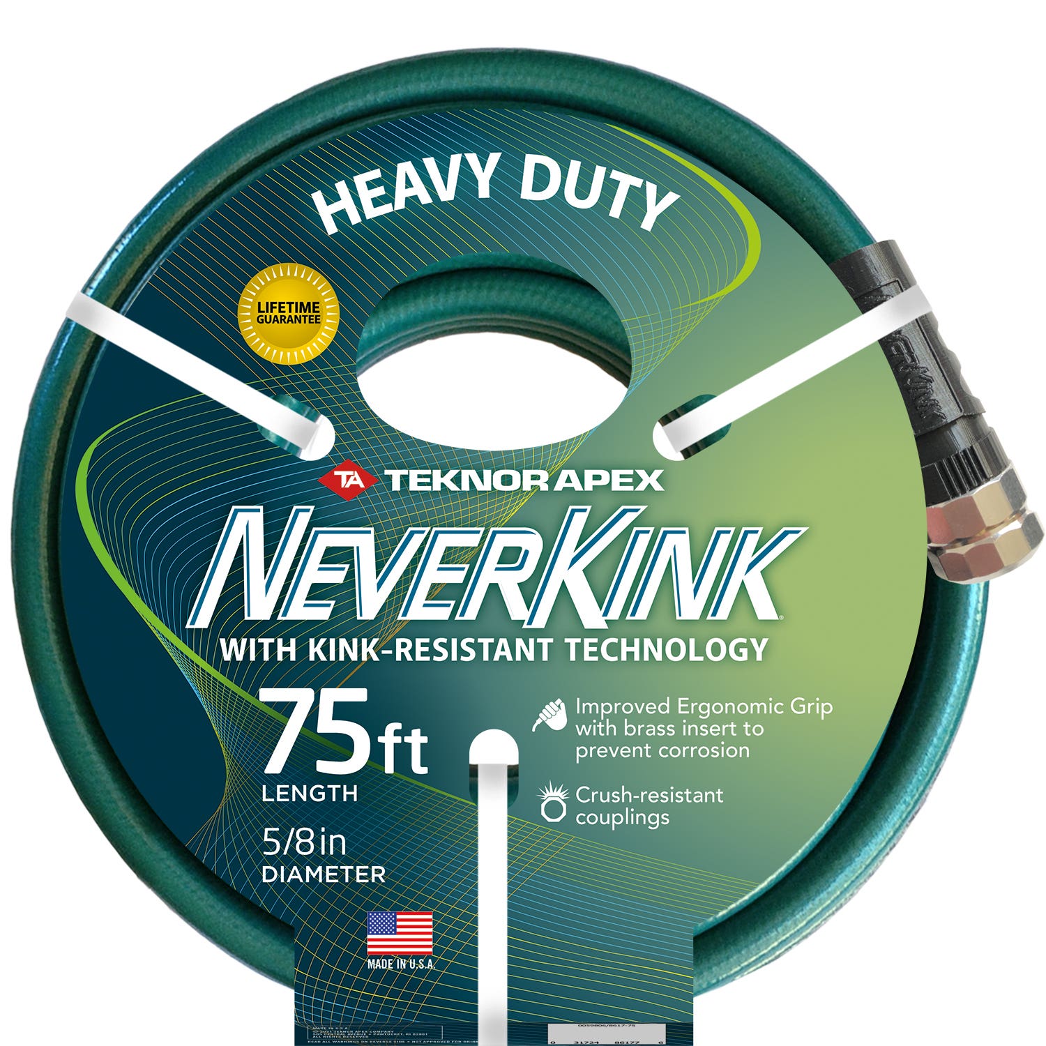 Neverkink Heavy-Duty Garden Hose, 75 ft L, Green