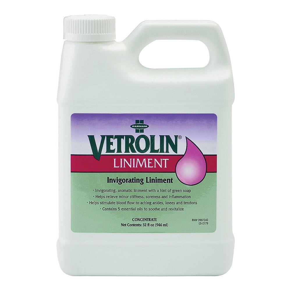 Farnam Vetrolin Invigorating Liniment, Liquid, Transparent Green, Alcoholic Aroma, 32 oz