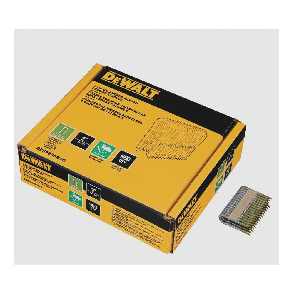 DEWALT DFS9200B1G Series Barbed Fence Staple, 2 in L, Aluminum/Zinc, 9 ga Wire, 9 ga Gauge, Galvanized Steel, 960/PK