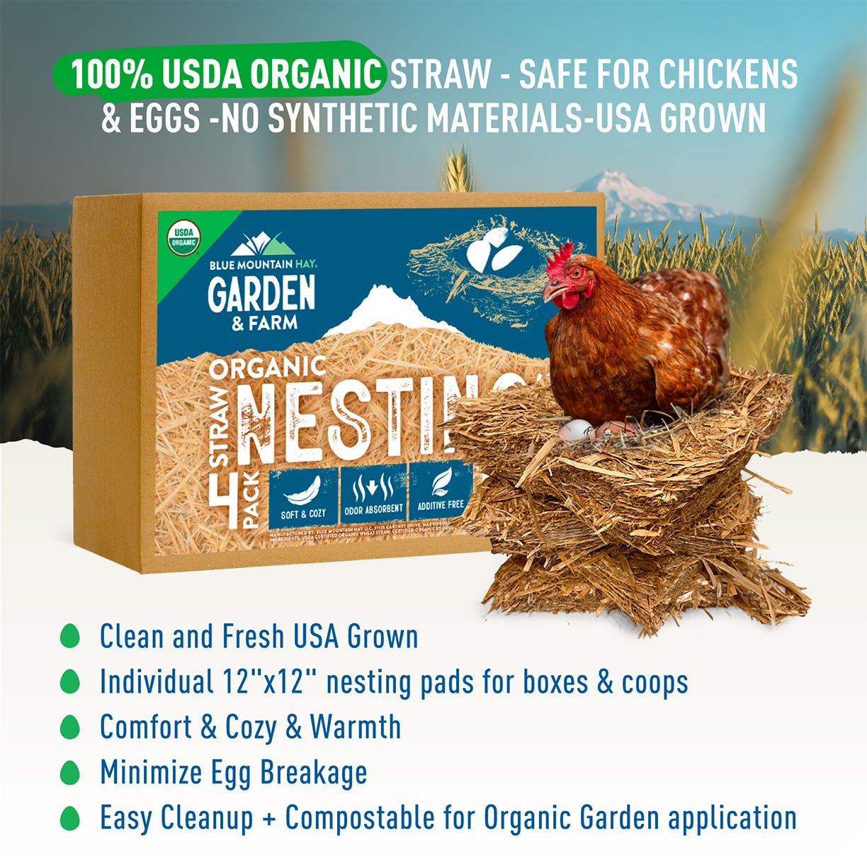 Blue Mountain Hay Organic Straw Nesting Pads, 4 Pack