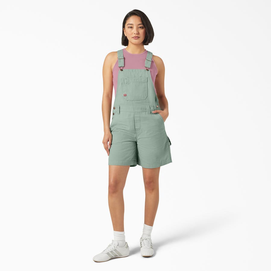 Dickies Bib Shortalls, M, Cotton, Ice Green, Relaxed Fit, 7 in L Inseam