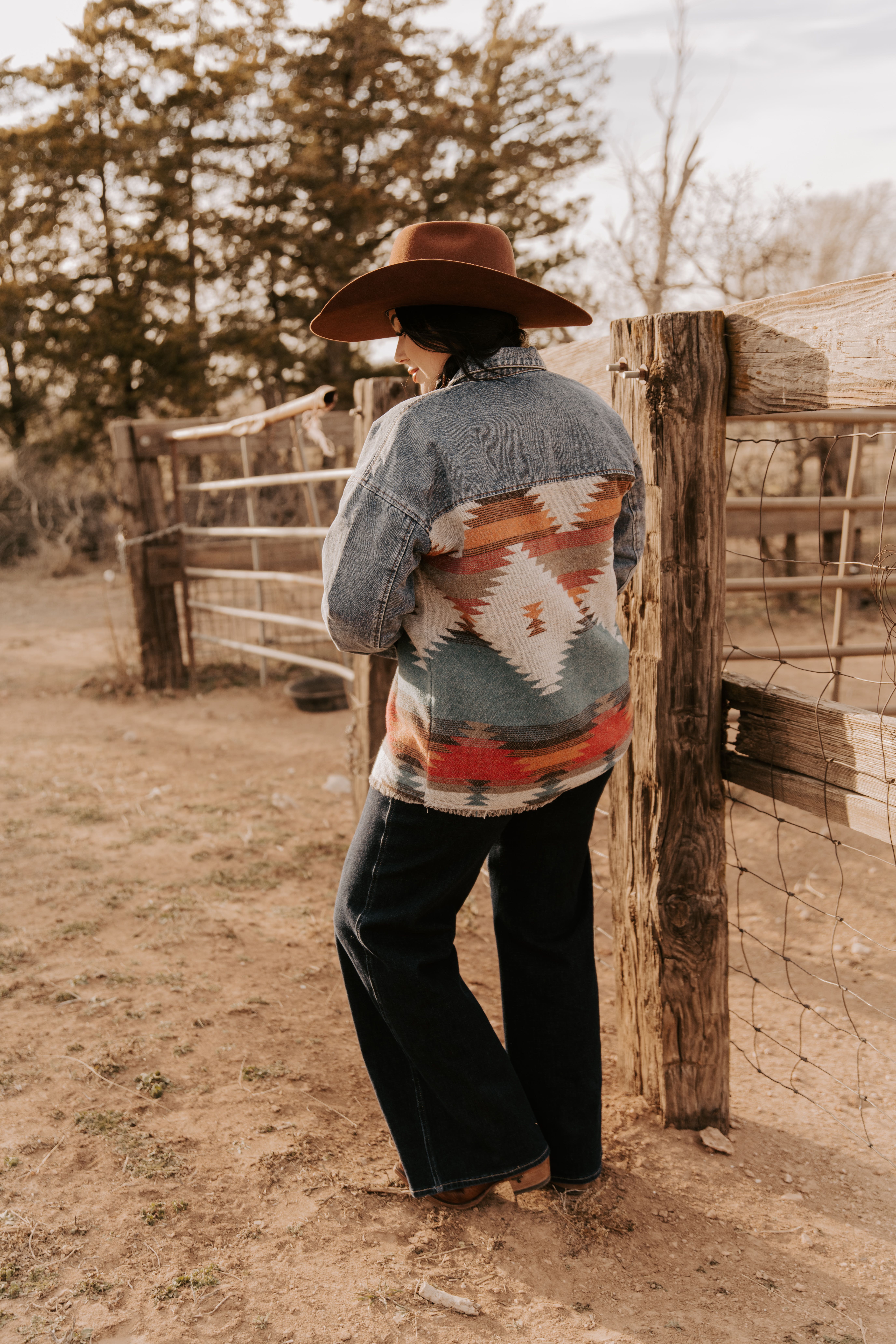 MontanaCo Women's Oversized Denim Jacket, Aztec Pattern