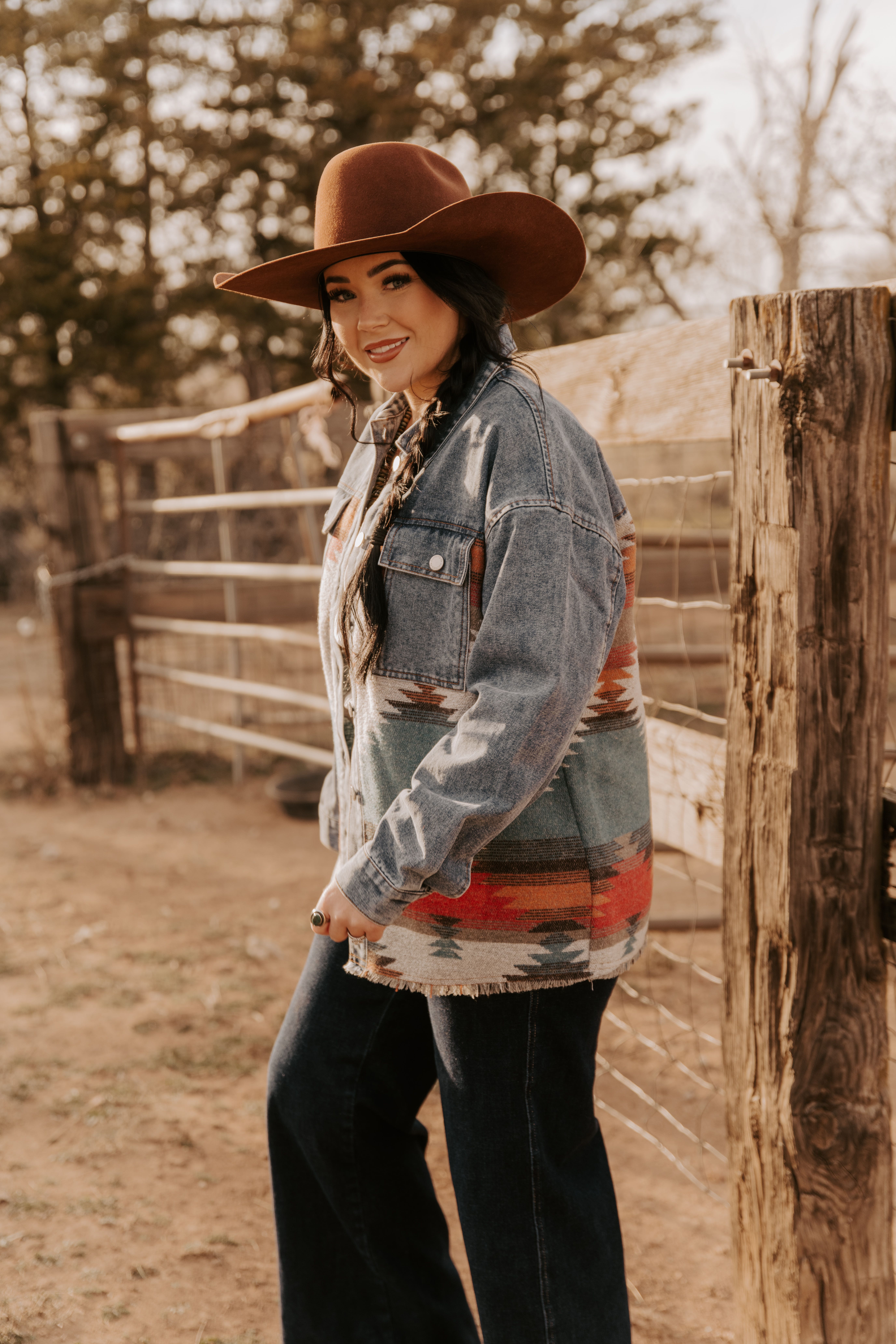 MontanaCo Women's Oversized Denim Jacket, Aztec Pattern