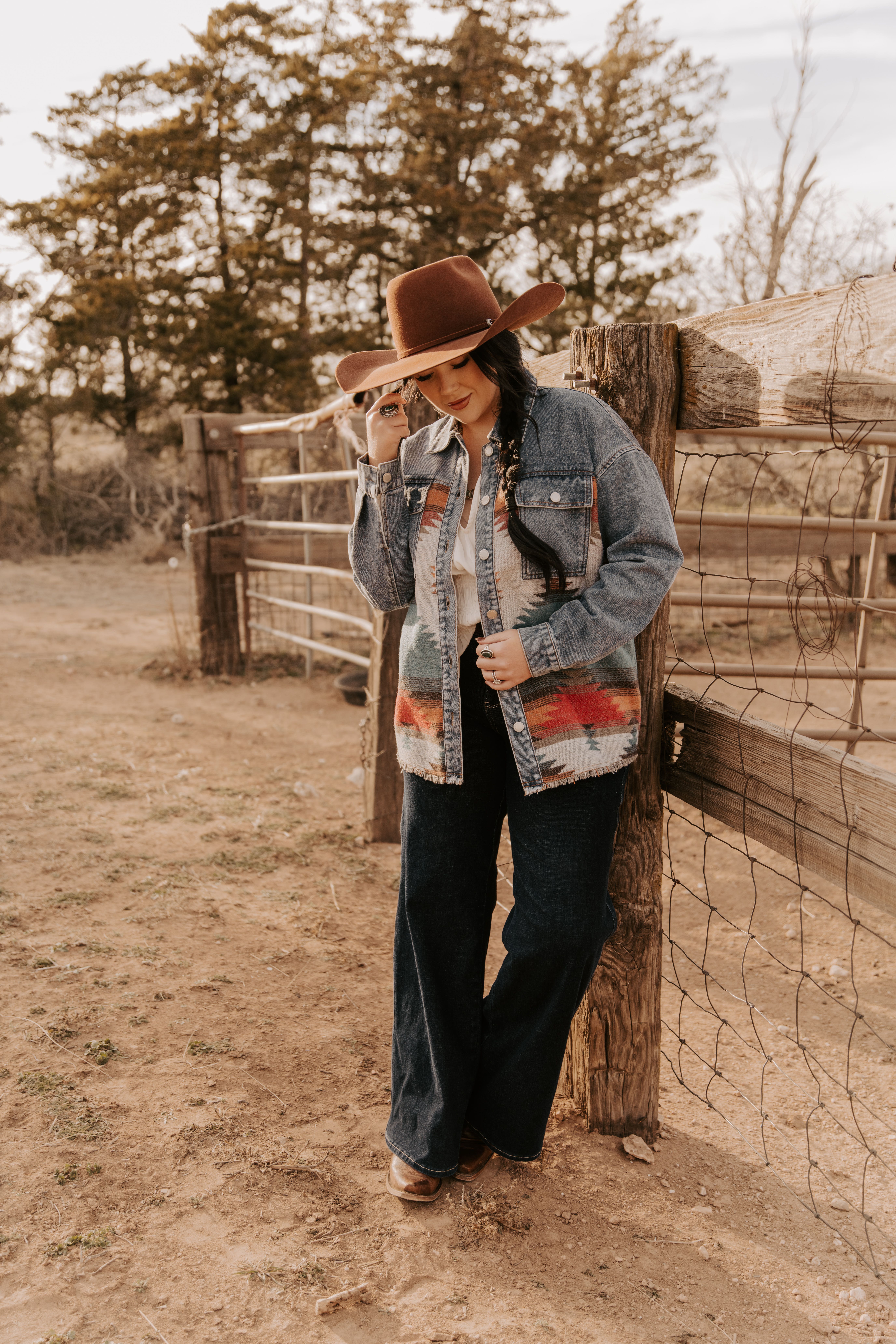 MontanaCo Women's Oversized Denim Jacket, Aztec Pattern