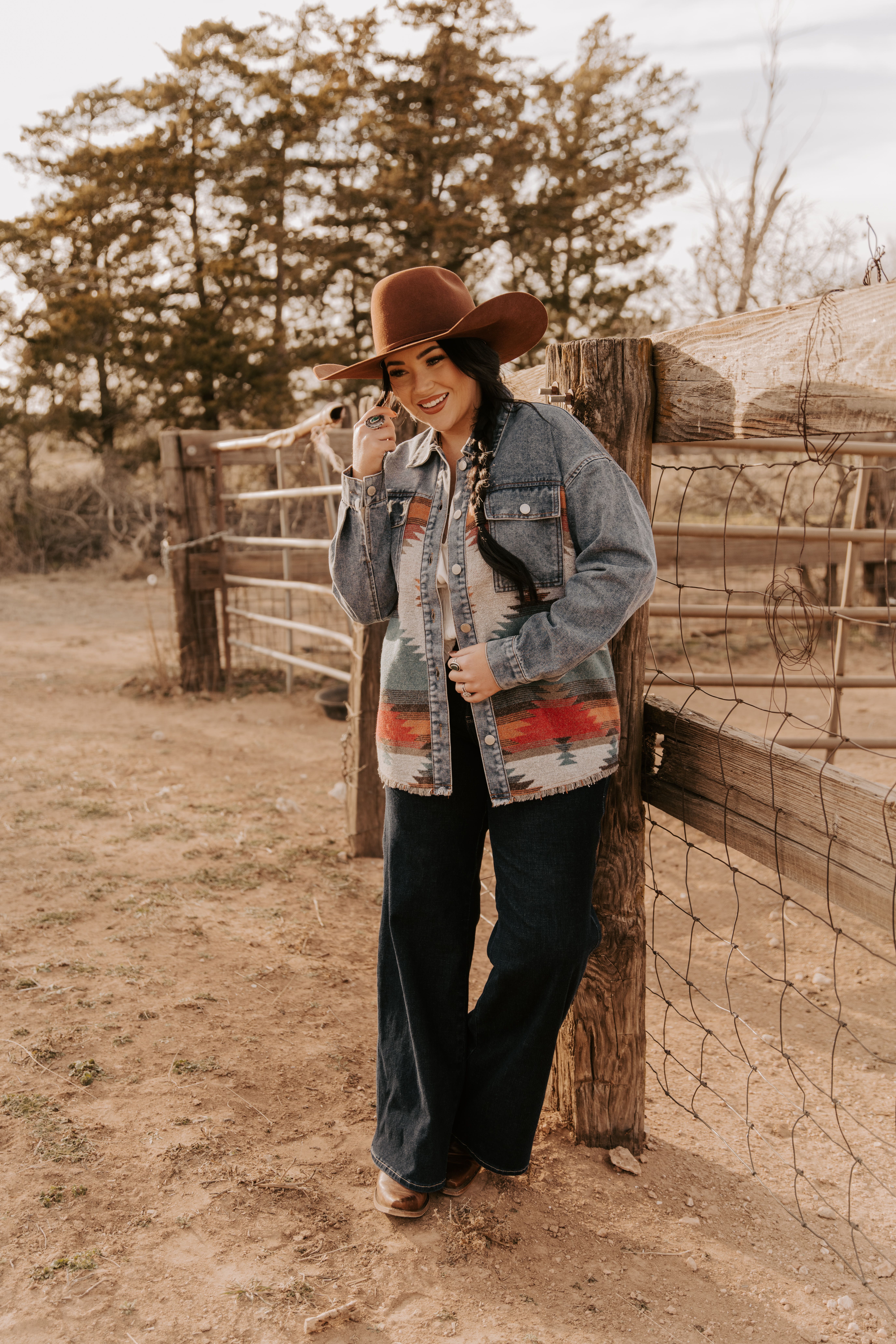 MontanaCo Women's Oversized Denim Jacket, Aztec Pattern