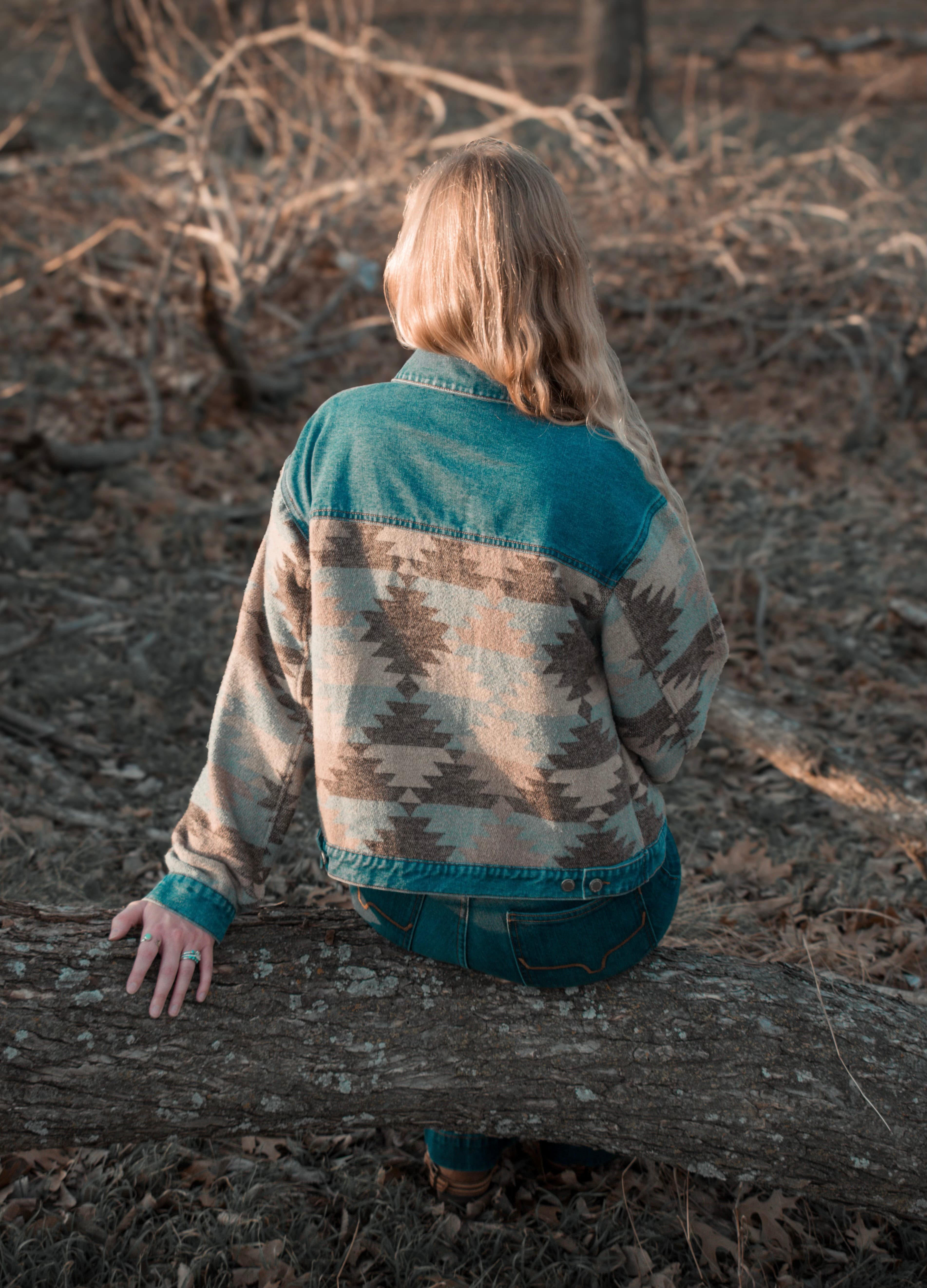 MontanaCo Women's Denim Jacket, Aztec Pattern, Tan