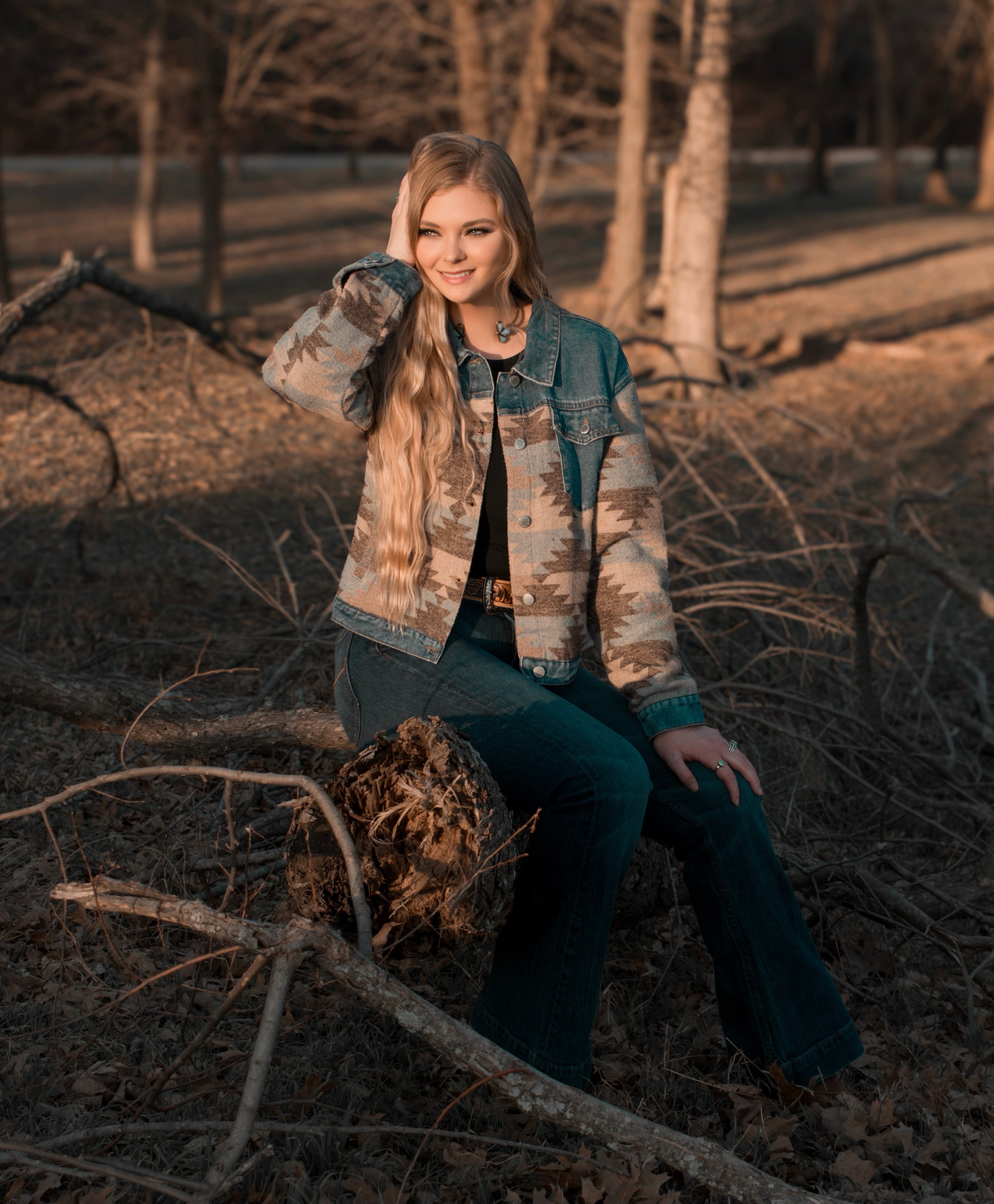 MontanaCo Women's Denim Jacket, Aztec Pattern, Tan