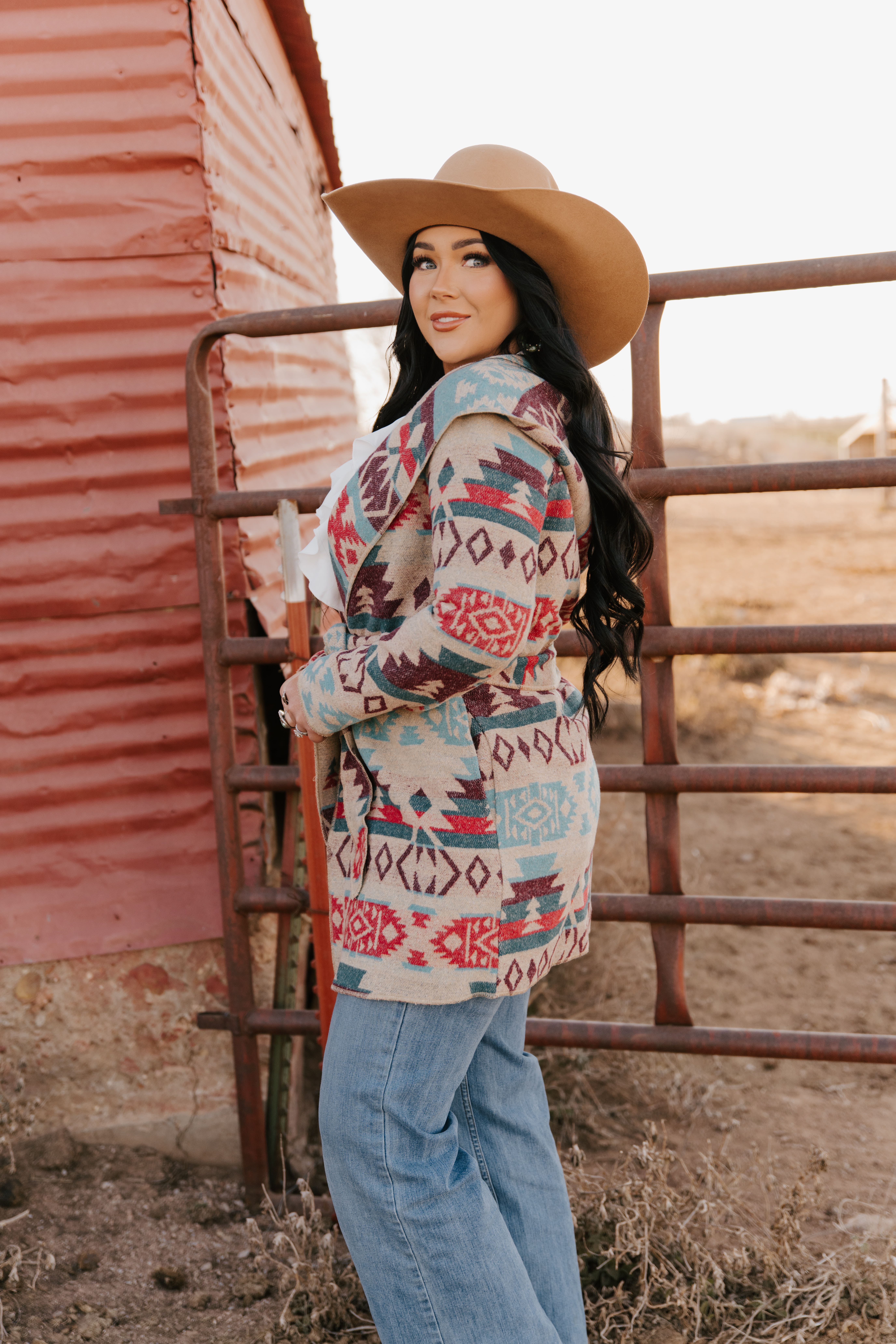 MontanaCo Women's Long Hooded Aztec Pattern Jacket, Tan