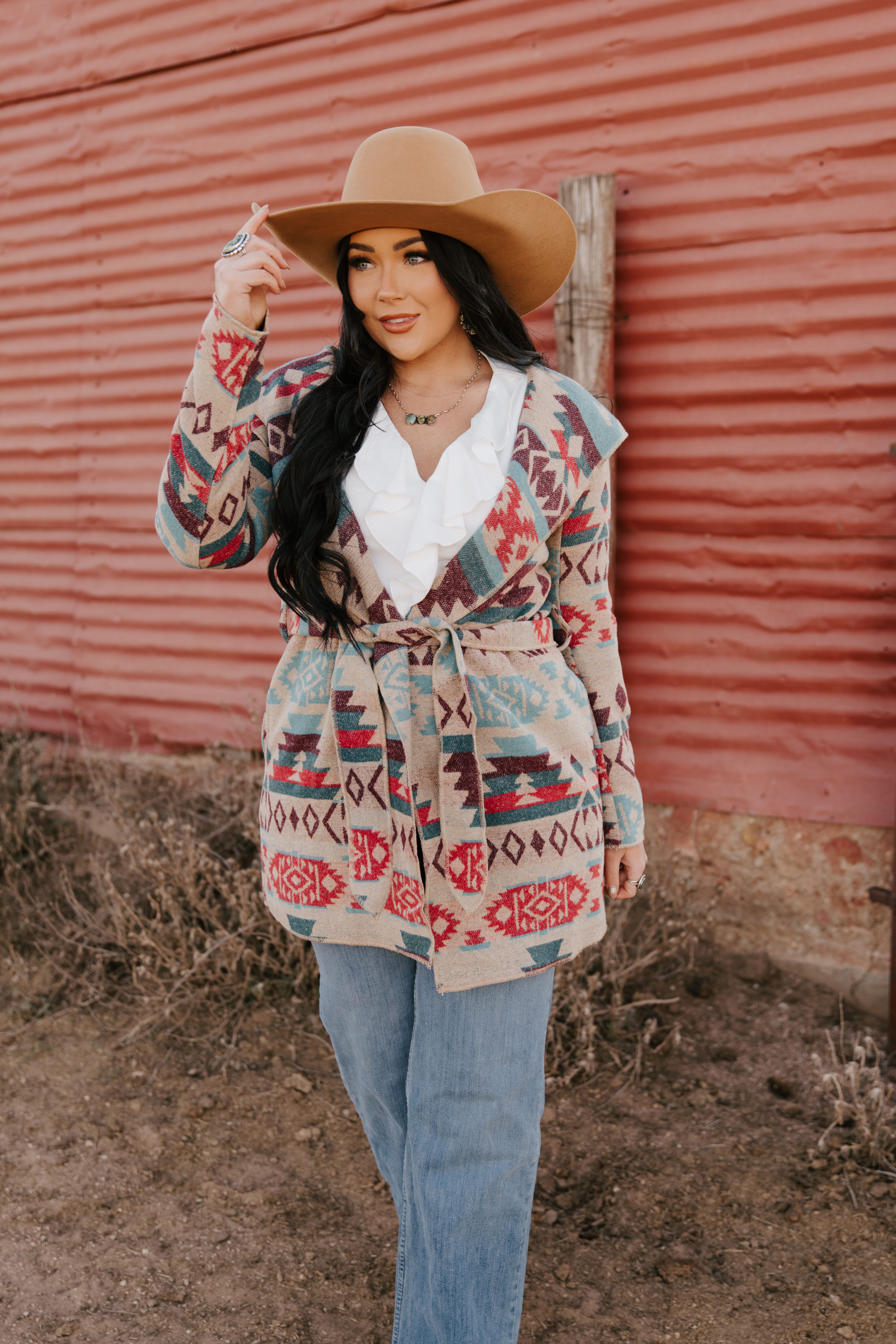 MontanaCo Women's Long Hooded Aztec Pattern Jacket, Tan
