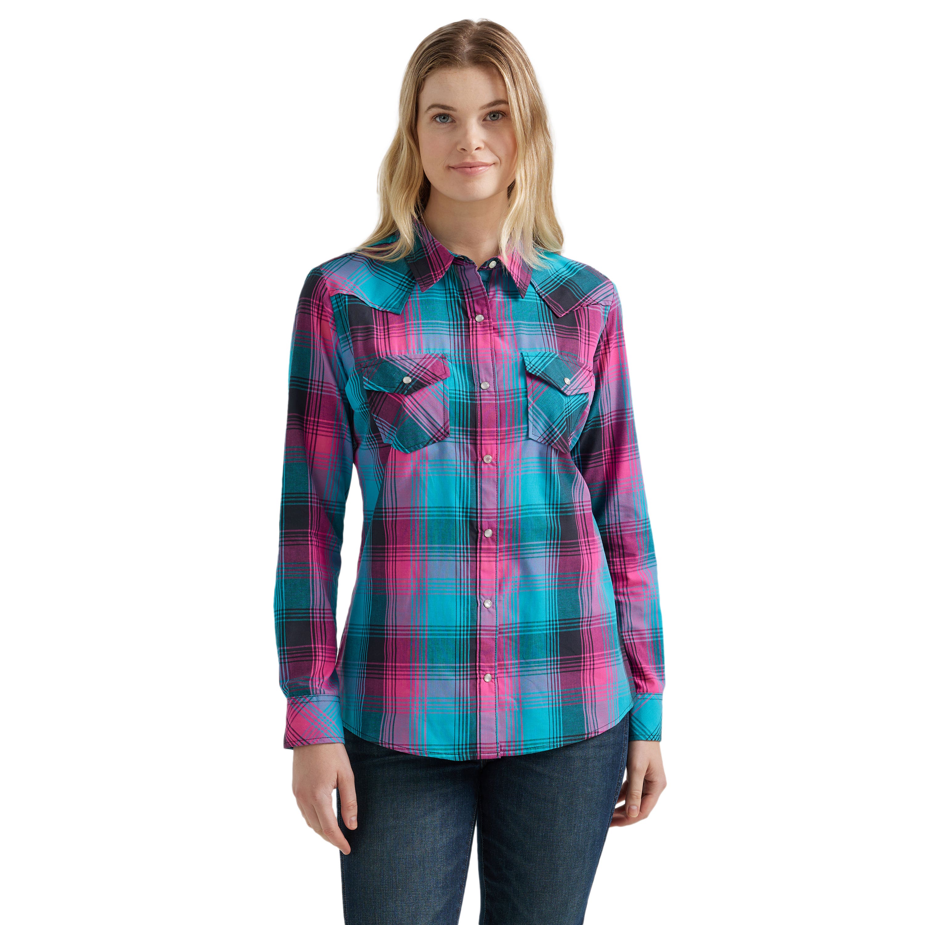 Wrangler Shirt, Western, M, Cotton, Assorted, Plaid Print/Pattern, Spread Collar, Long Sleeve, Tradtional