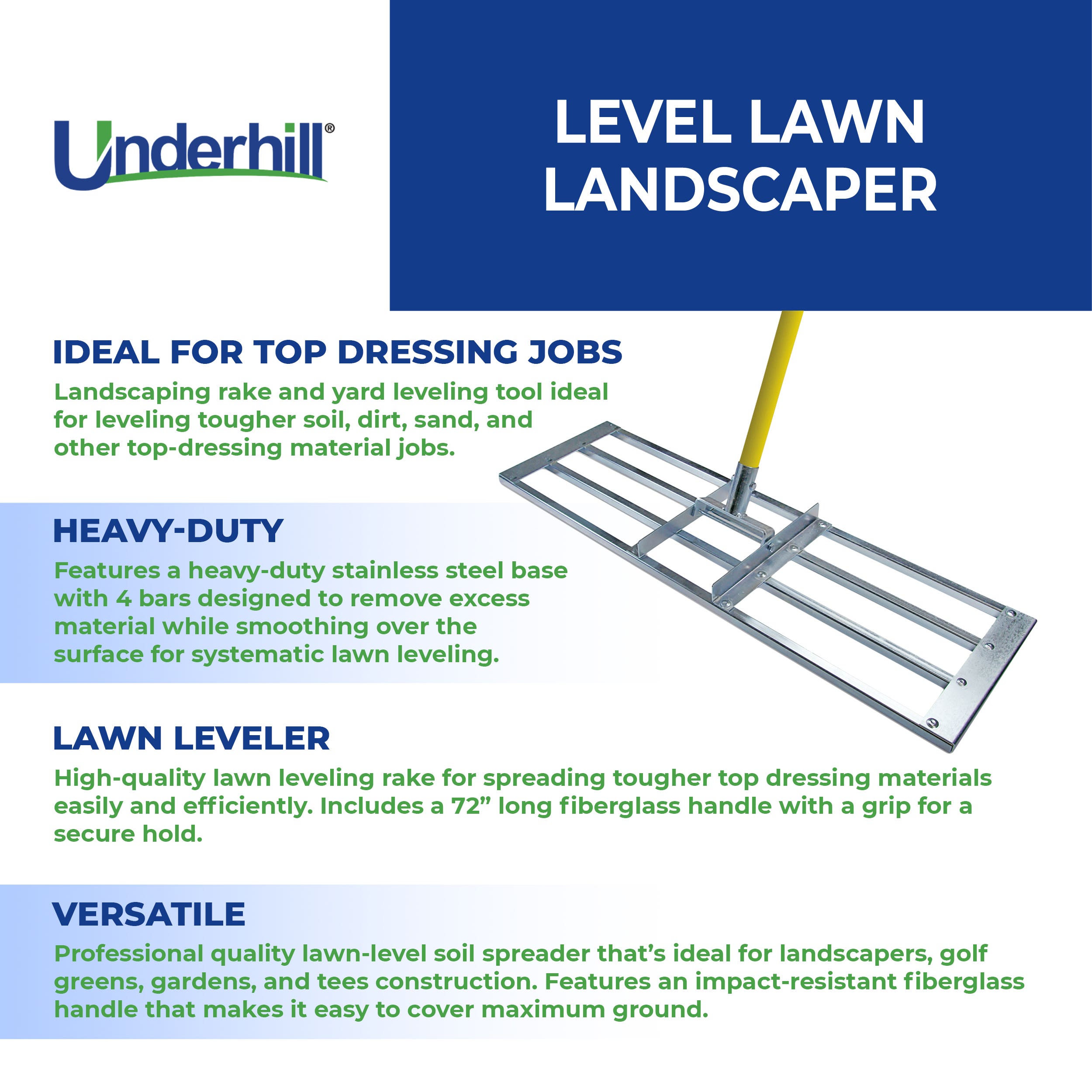 Underhill Level Lawn Greens Keeper TLLG-30K Rake, Fiberglass/Stainless Steel