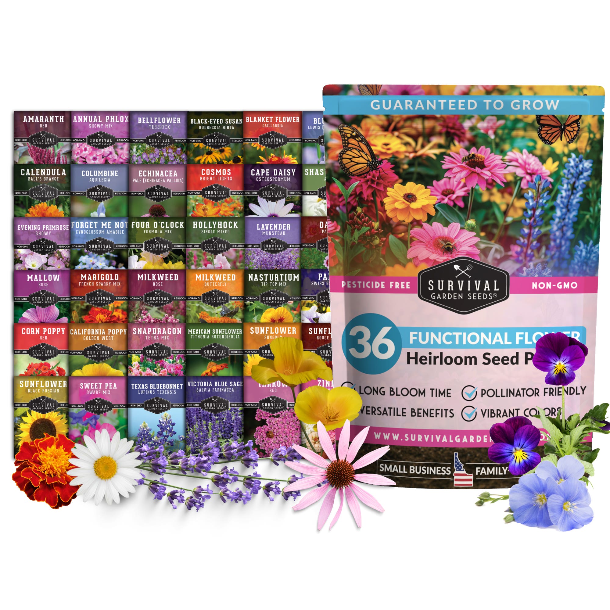 Survival Garden Seeds Functional Flower Garden Kit, 36 Seeds for Beauty, Bees & Wellness