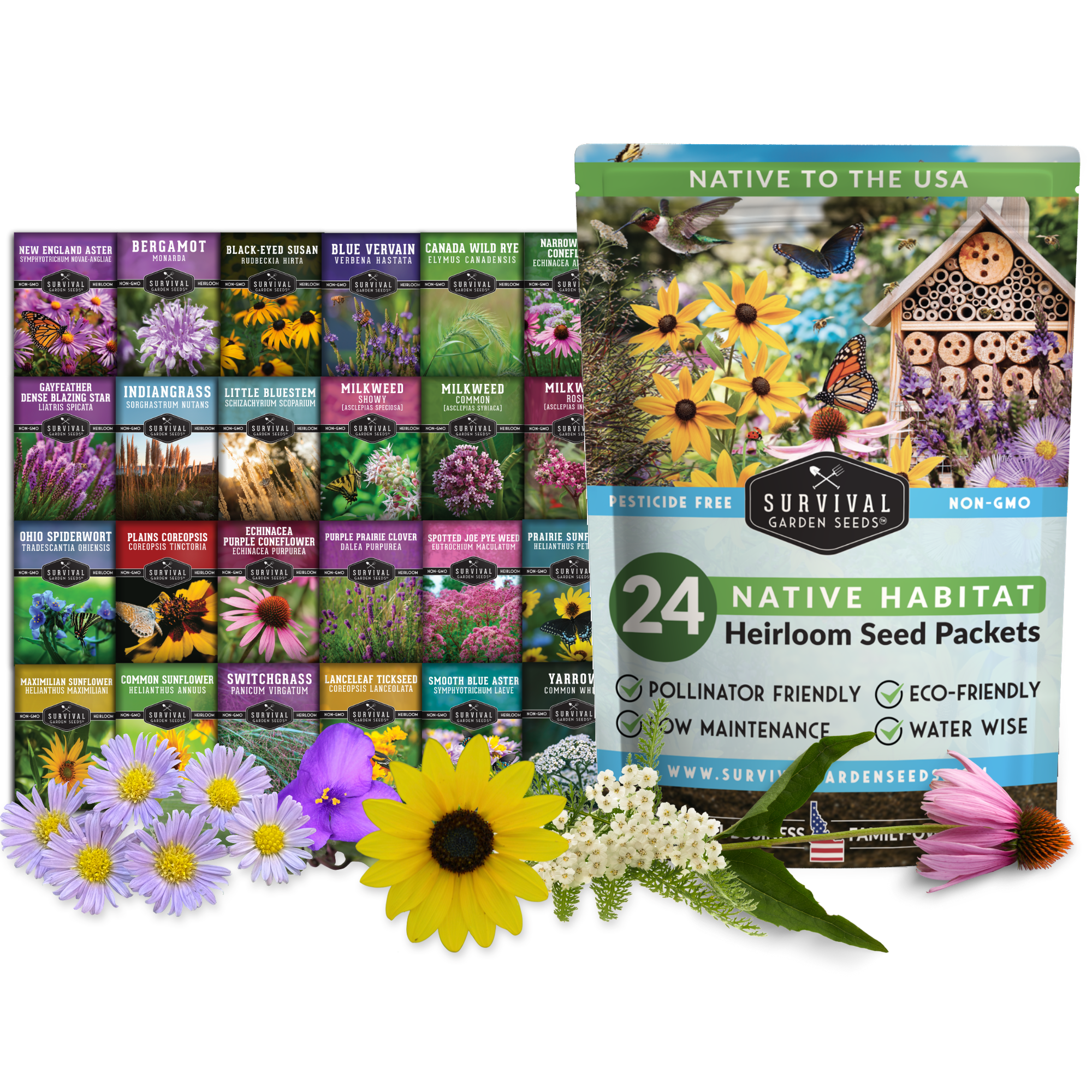 Survival Garden Seeds, Native Habitat Seed Collection, 24 Native Wildflowers & Grasses for Pollinators, Meadows & Low-Maintenance Landscapes