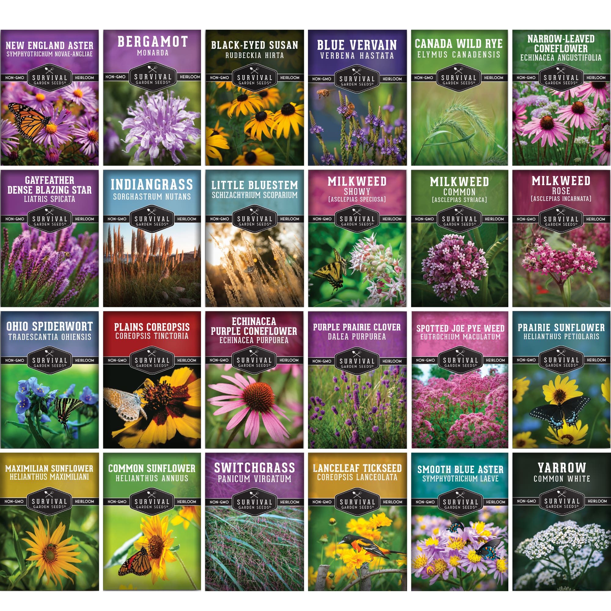 Survival Garden Seeds, Native Habitat Seed Collection, 24 Native Wildflowers & Grasses for Pollinators, Meadows & Low-Maintenance Landscapes