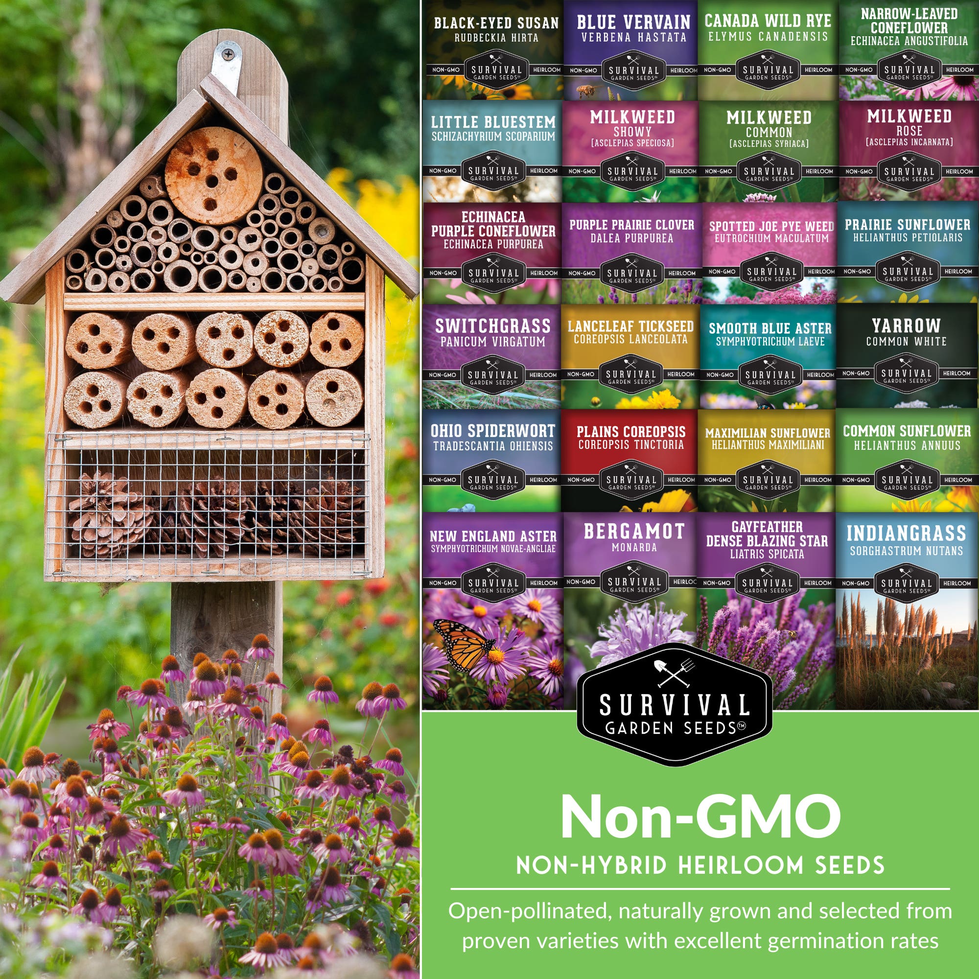 Survival Garden Seeds, Native Habitat Seed Collection, 24 Native Wildflowers & Grasses for Pollinators, Meadows & Low-Maintenance Landscapes