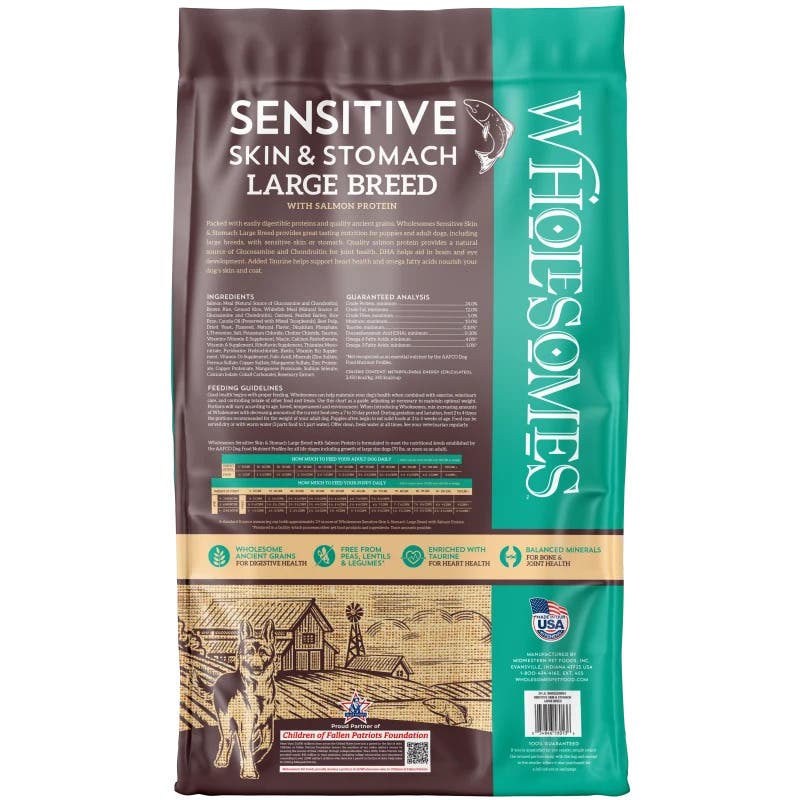 Wholesomes Sensitive Skin & Stomach Large Breed with Salmon Protein Dry Food For Dogs & Puppies, 30 lb Bag