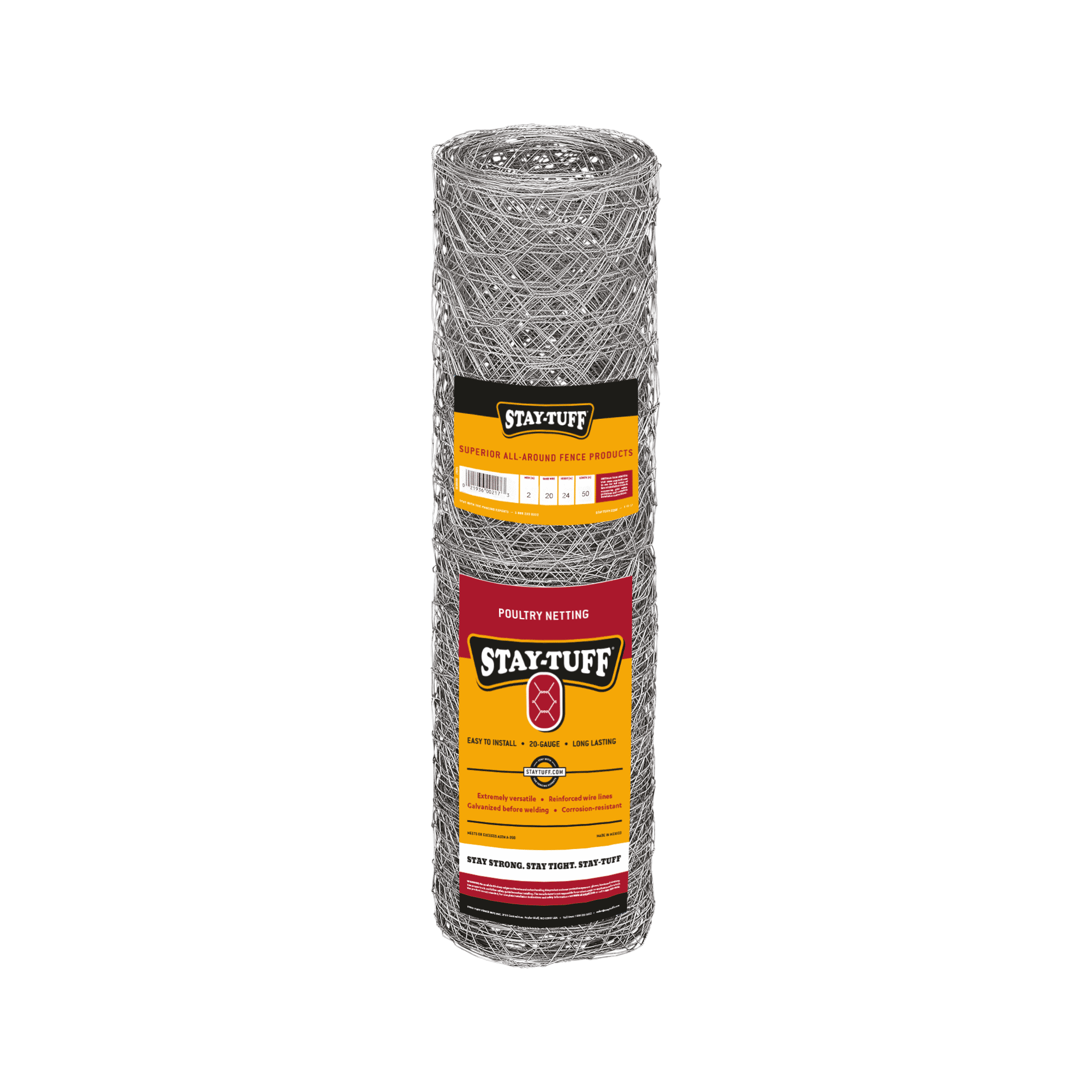 Galvanized Poultry Netting, 50 FT, 24" W, 20 Gauge, 2 Inch Mesh