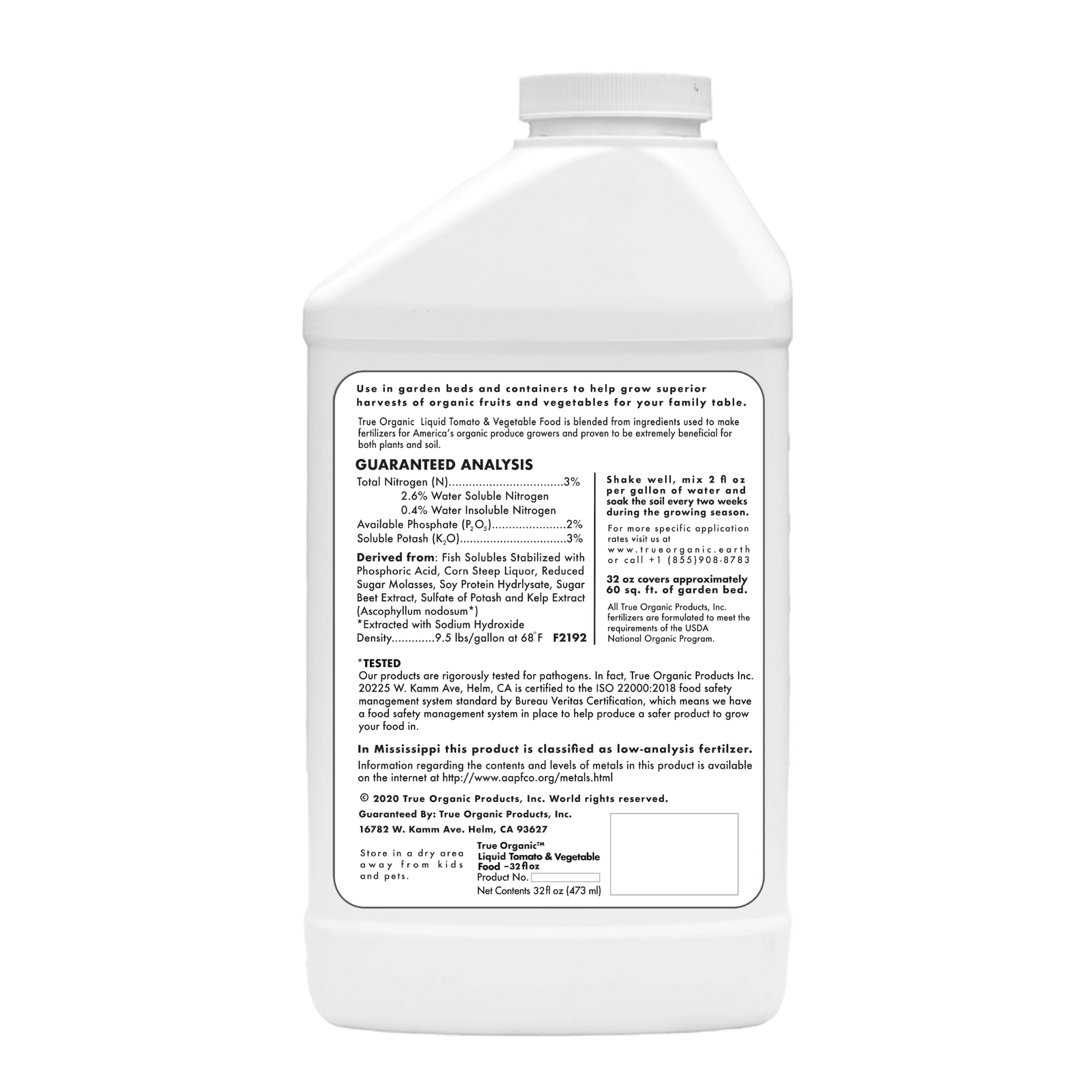 True Organic Tomato and Vegetable Food, Liquid, 3-2-3 N-P-K Ratio, 32 oz Bottle